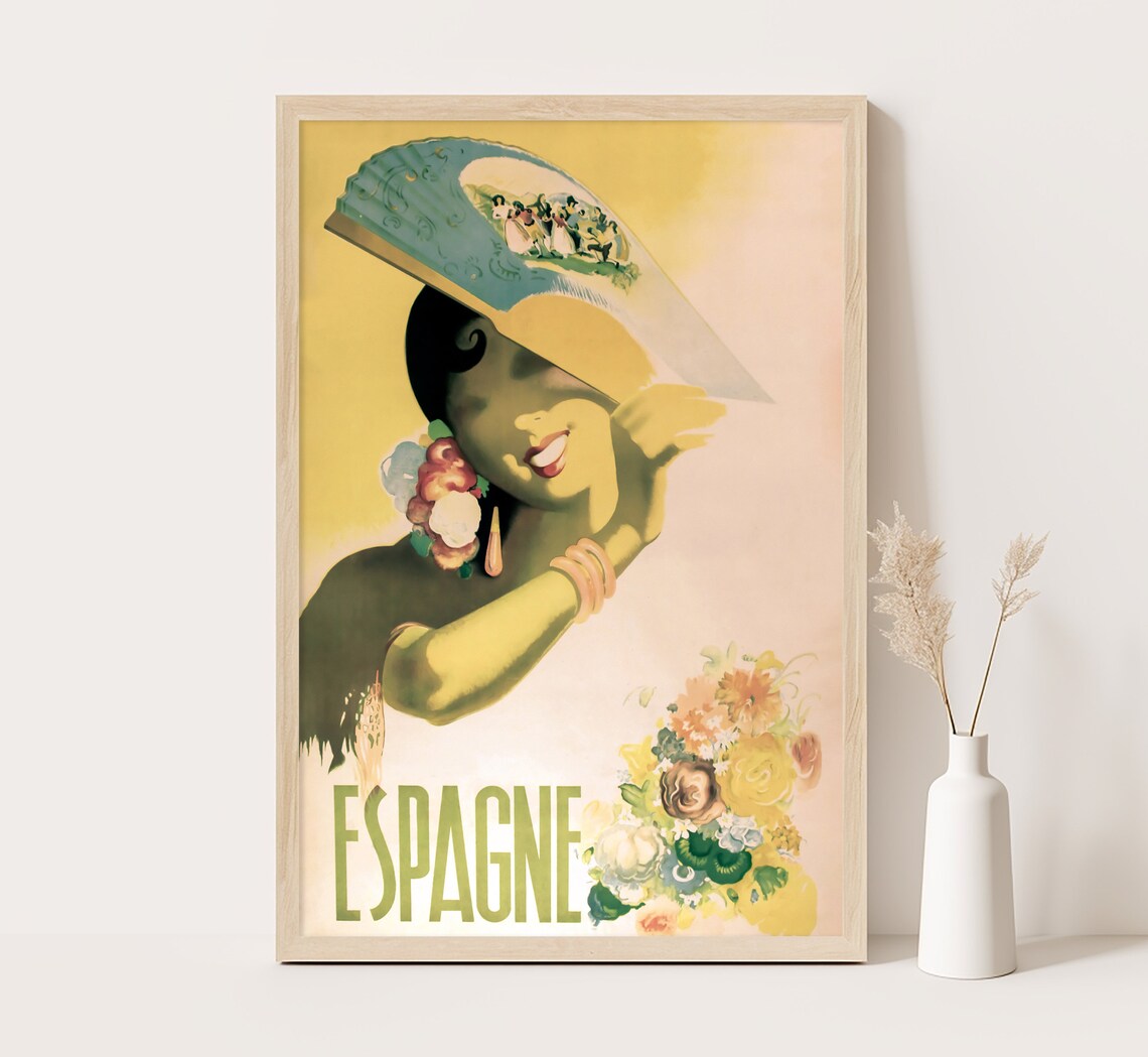 Espagne Spain Spanish Senorita Fan Flamenco Flowers Vintage Poster