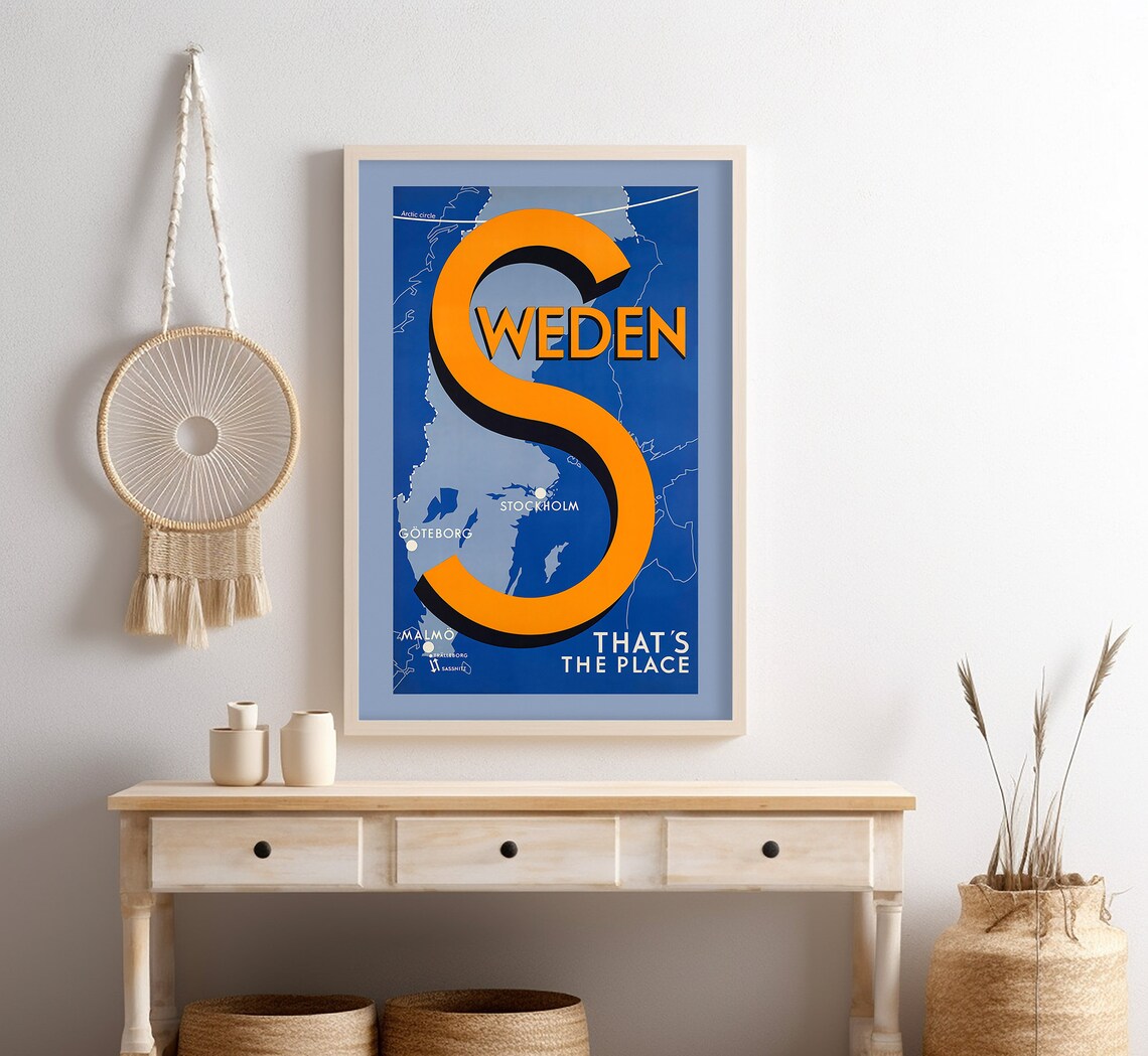 Sweden Giant Orange Letter S Scandinavia Map Vintage Travel Print - Image 4