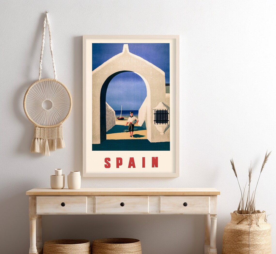 Spain Moorish Arch Beach Fisherman Sailboat Blue Sky Vintage Poster - Image 4