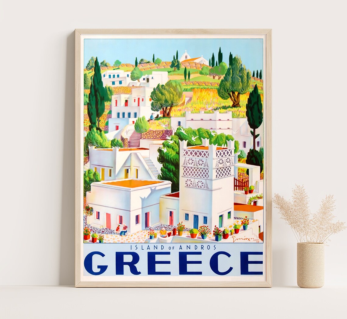 Island Of Andros Greece Whitewashed Hillside Village Travel Poster