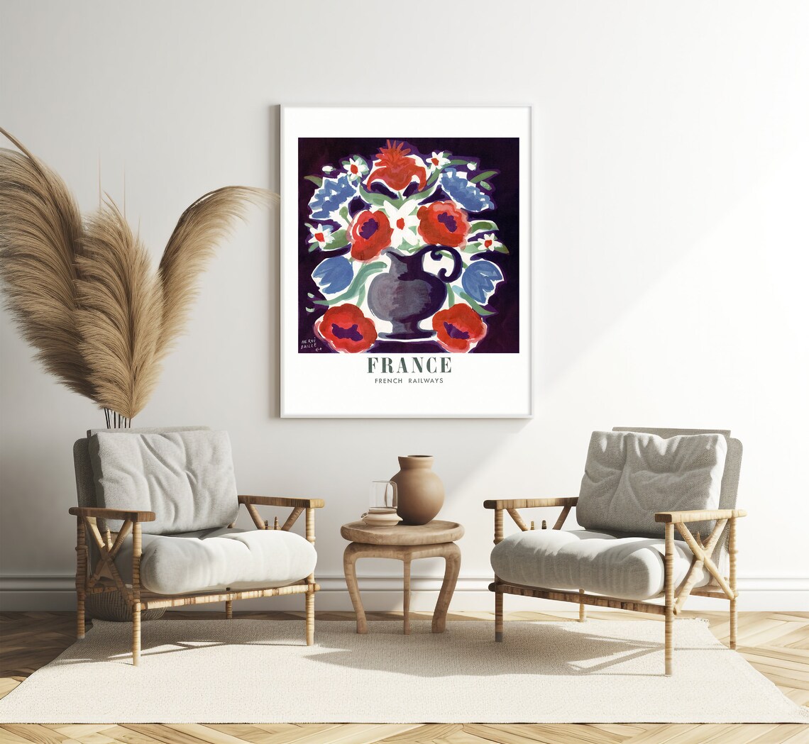 France French Railways Red Poppy Floral Bouquet Vintage Travel Poster - Image 3