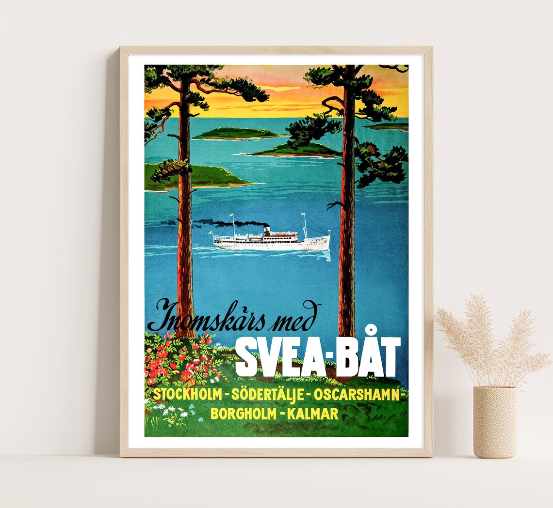Sweden Stockholm Svea Bat Archipelago Steamboat Sunset Vintage Poster