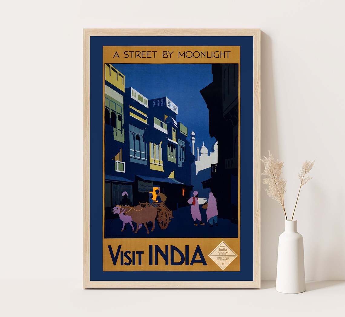 India Moonlight Street Ox Cart Night Scene Vintage Travel Poster