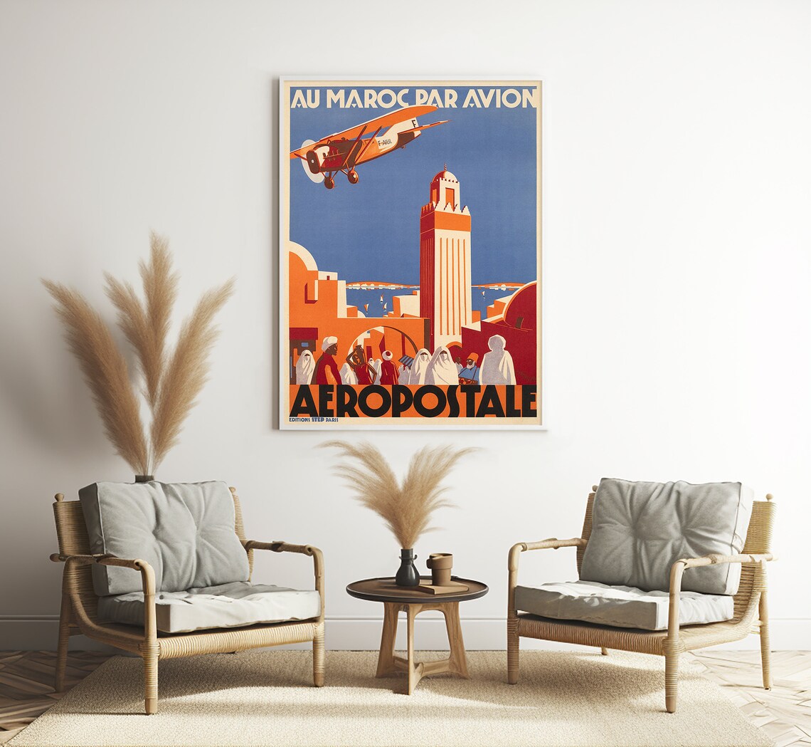 Morocco Au Maroc Par Avion Aeropostale Biplane Medina Minaret Poster - Image 3