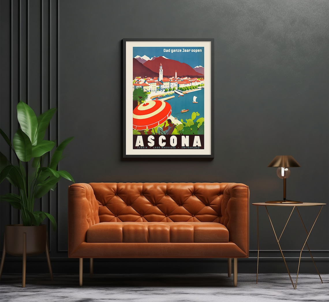 Ascona Lago Maggiore Switzerland Red Parasol Lakeside Travel Poster - Image 2