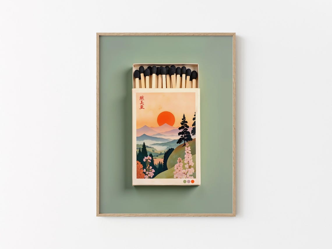 Japanese Mountain Sunrise Matchbox Sage Green Japandi Wall Art