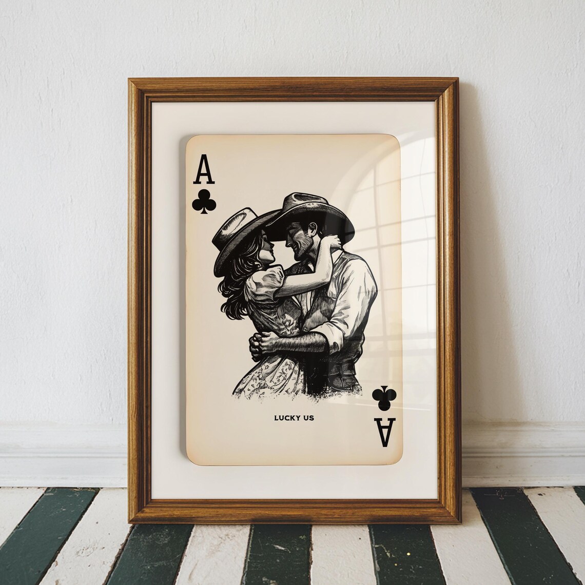 Lucky Us Ace Of Clubs Vintage Cowboy Couple Western Playing Card Poster