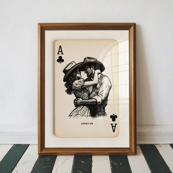 Lucky Us Ace Of Clubs Vintage Cowboy Couple Western Playing Card Poster