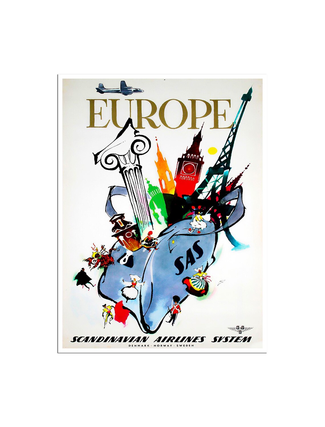 SAS Europe Scandinavian Airlines System Vintage Travel Poster Art