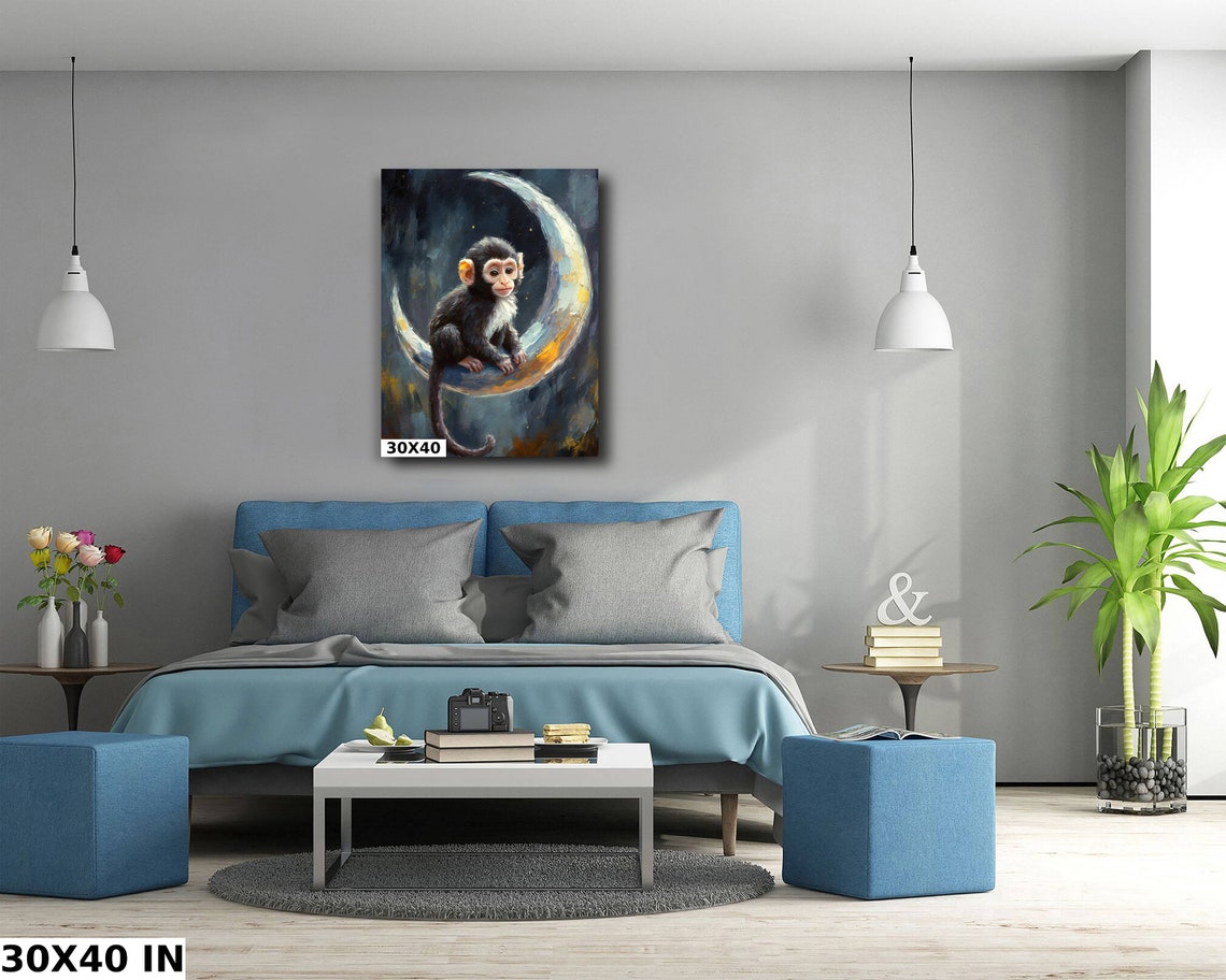 Baby Monkey On Crescent Moon Night Sky Sweet Nursery Wall Art Poster - Image 5