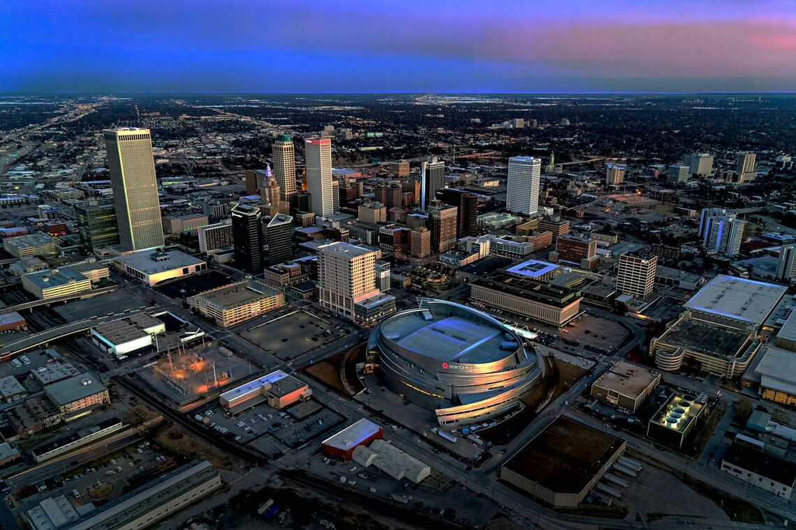 Tulsa Oklahoma Aerial Skyline Dusk BOK Center City View Poster