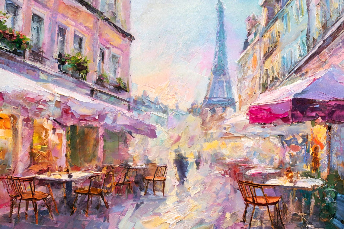 Paris Cafe Terrace With Eiffel Tower Pastel Impressionist Art Poster