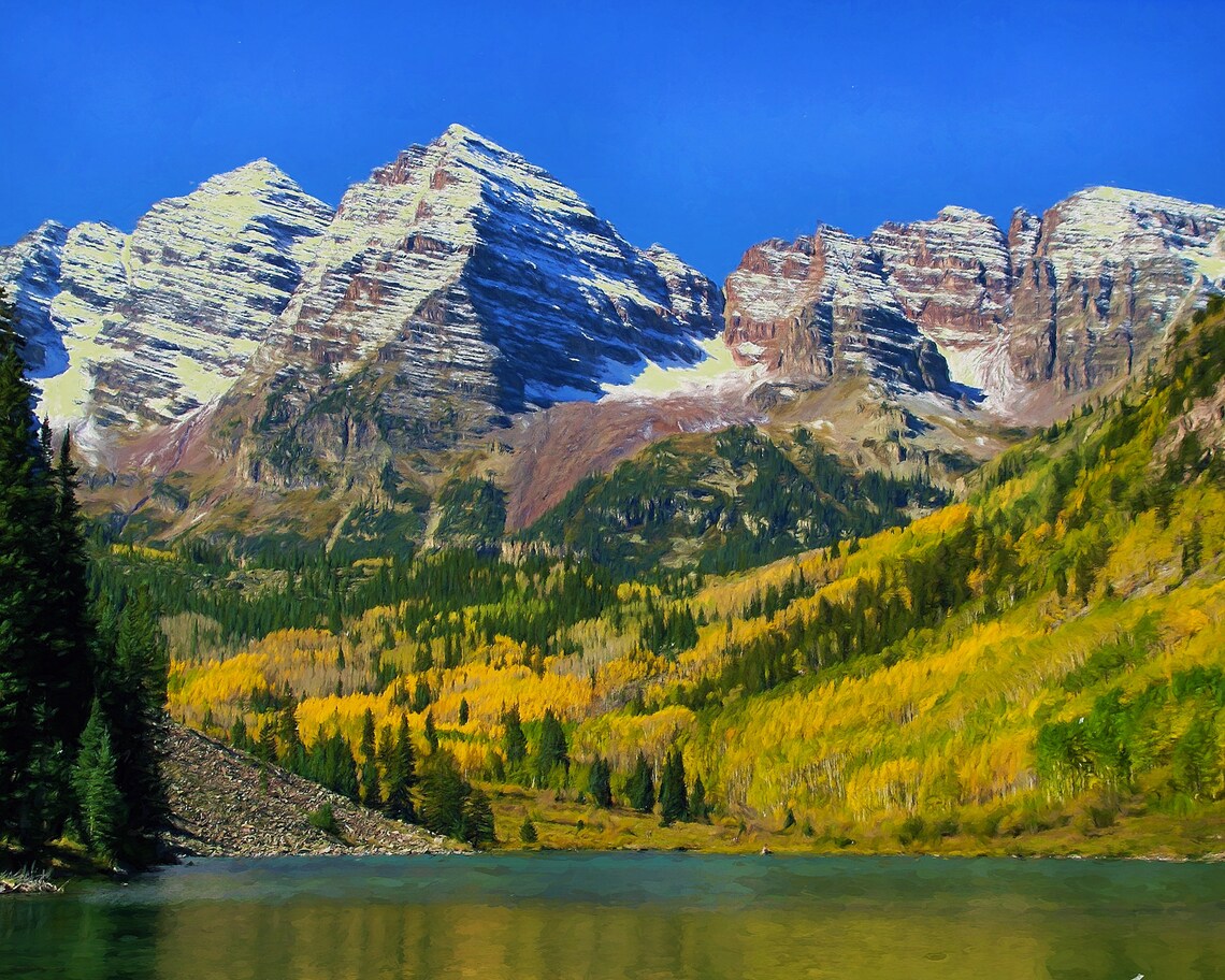 Maroon Bells Snow Capped Peaks with Golden Aspens Fall Travel Poster