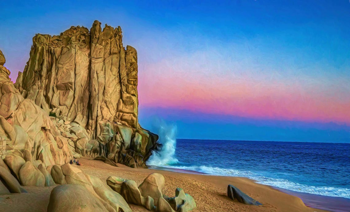 Cabo San Lucas Rocky Cliffs At Pink Sunset Ocean Beach Art Poster