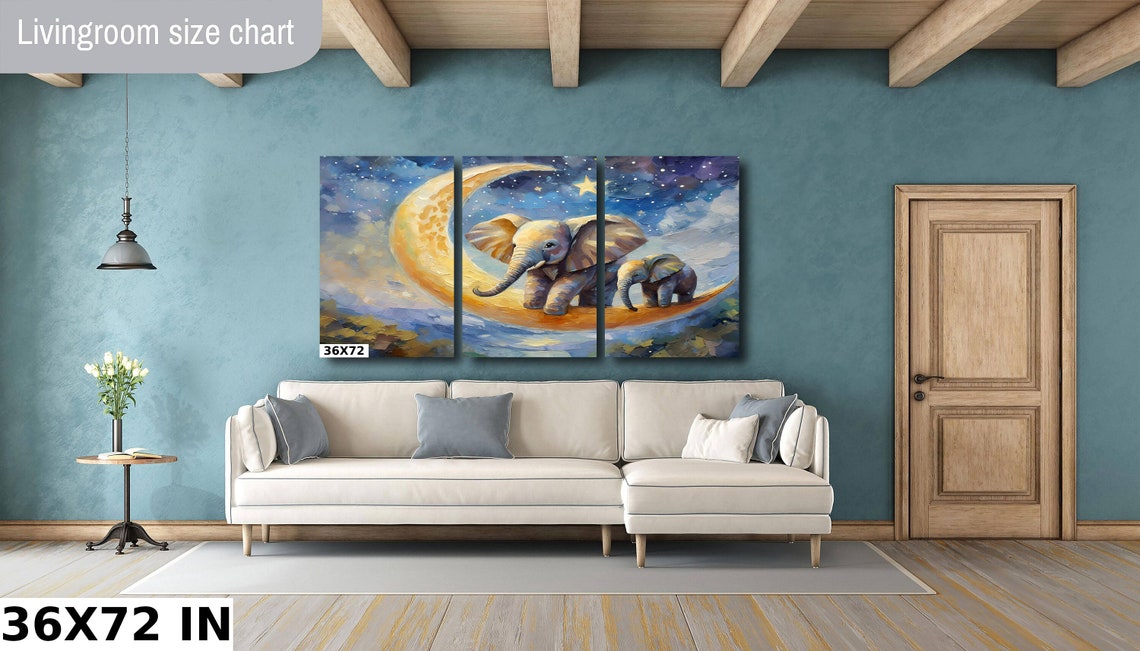 Baby Elephant And Mother On Golden Crescent Moon Starry Sky Poster - Image 2