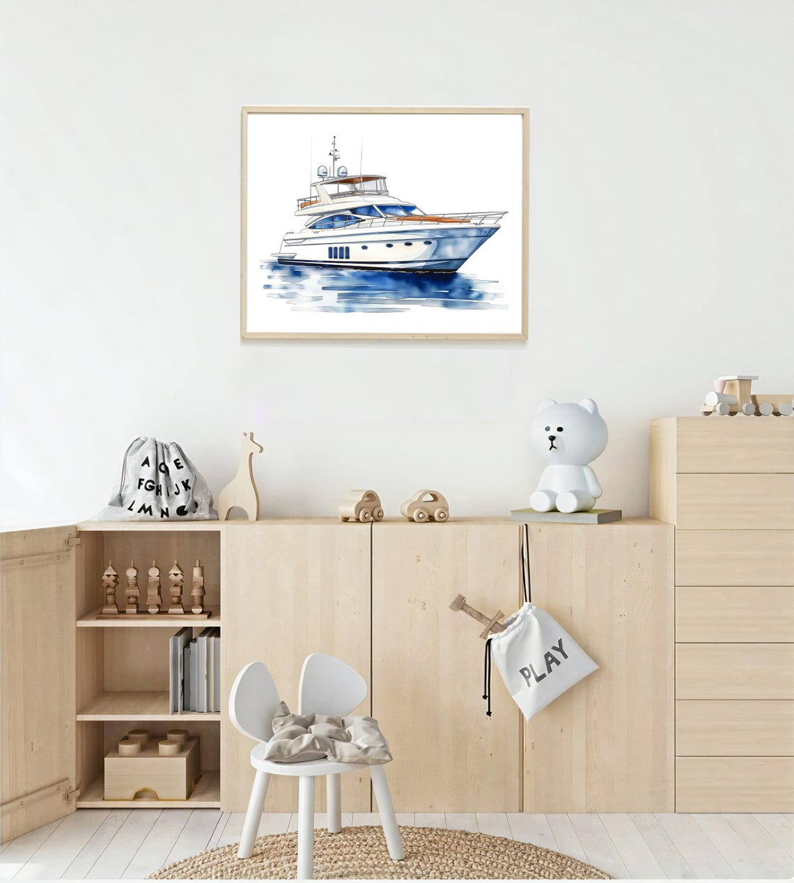Luxury White Motor Yacht On Blue Water Nautical Watercolor Poster - Image 3