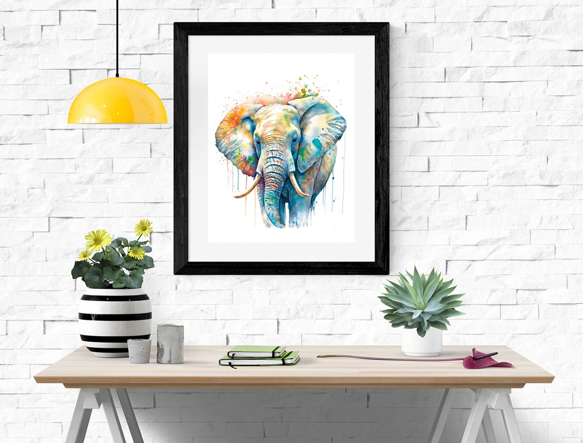 Elephant In Blue And Orange Watercolor Splash Majestic Animal Poster - Image 2