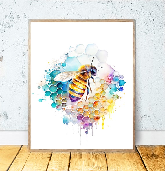 Watercolor Bee Art Honeybee Print Poster Wall Decor Bee Painting Honeycomb Bumblebee Honeybee Nature Minimalist Insects Colorful