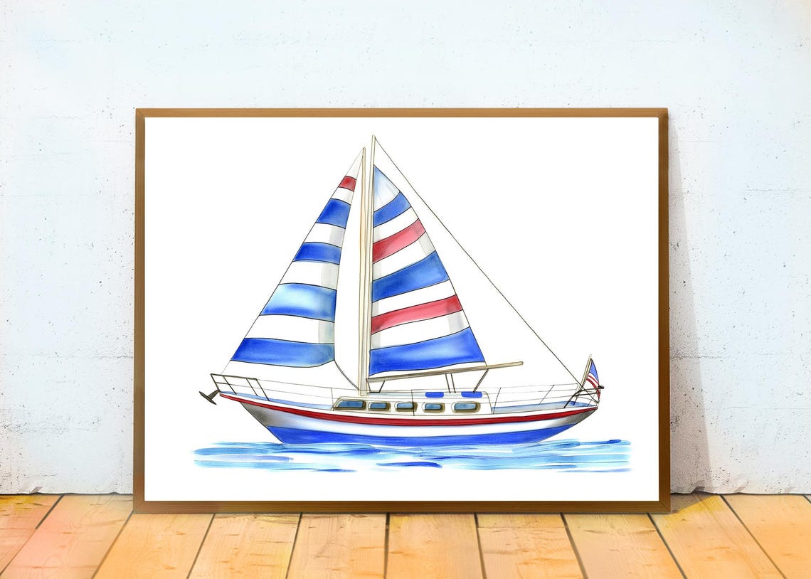 Sailboat With Red White And Blue Striped Sails Nautical Art Poster