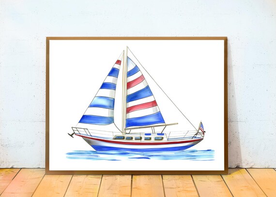 Sailboat With Red White And Blue Striped Sails Nautical Art Poster