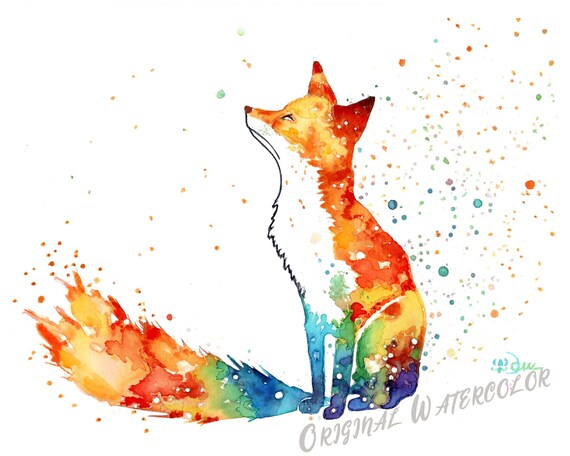 Rainbow Watercolor Fox Sitting Among Paint Splashes Woodland Poster