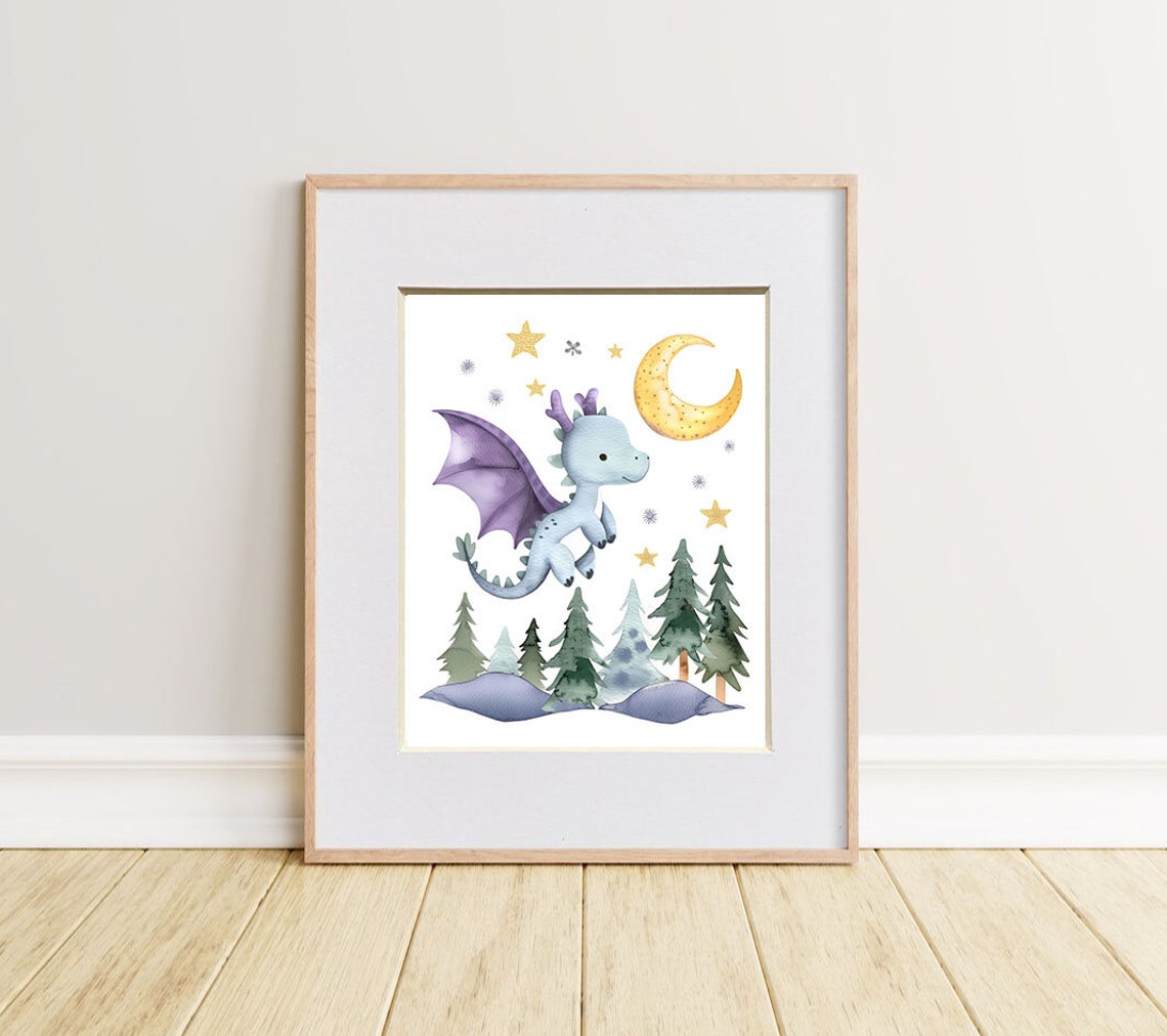 Baby Dragon Flying Over Pine Trees Under Moonlight Nursery Poster - Image 2