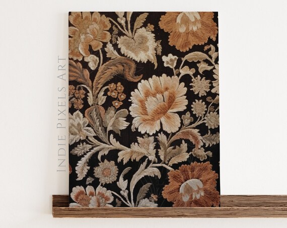 Dark Floral Tapestry Rust Amber Botanical Pattern on Black Wall Art
