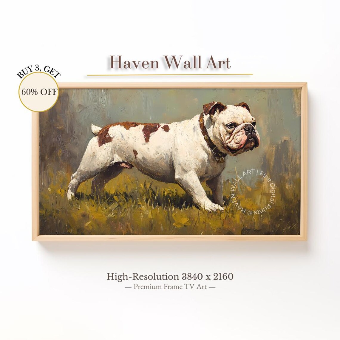 English Bulldog Oil Painting Standing Grass Rustic Dog Portrait Poster