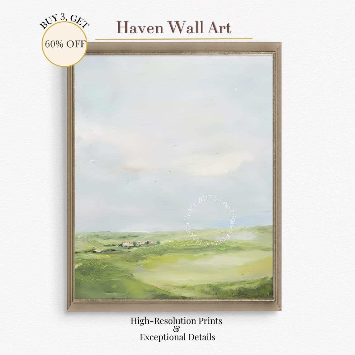 Minimalist Green Rolling Countryside Open Sky Calm Landscape Wall Art