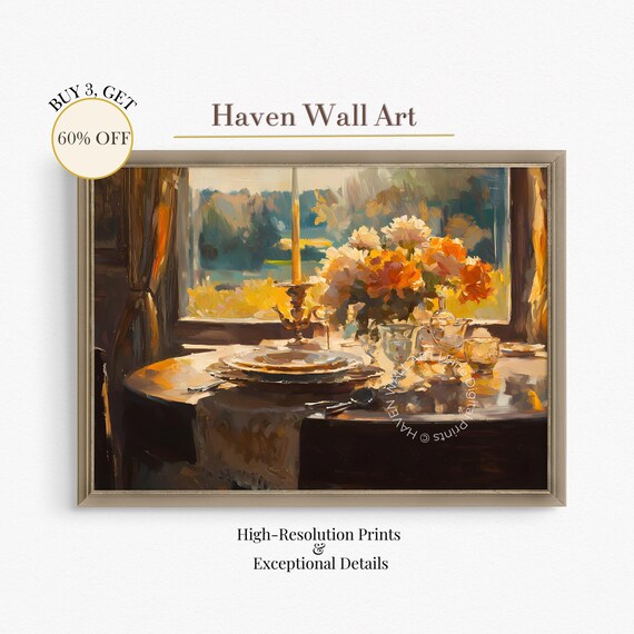 Cozy Autumn Table Still Life Print With Candle And Golden Flowers