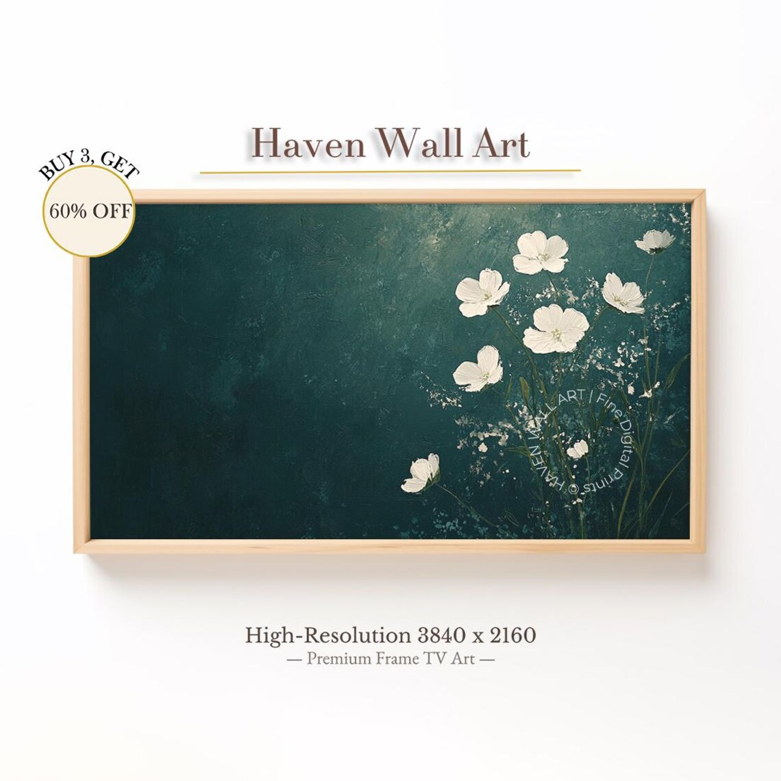 White Wildflowers on Dark Teal Moody Botanical Floral Painting Poster