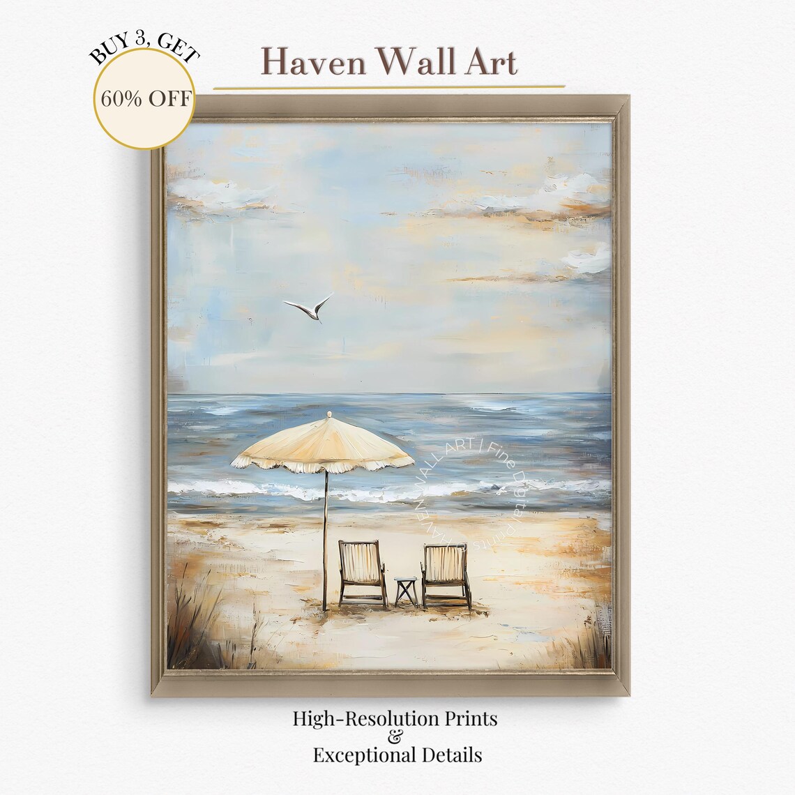 Beach Umbrella Chairs Golden Shore Seagull Relaxing Summer Wall Art
