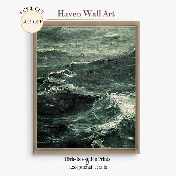 Emerald Green Ocean Waves Moody Impasto Seascape Oil Painting Poster