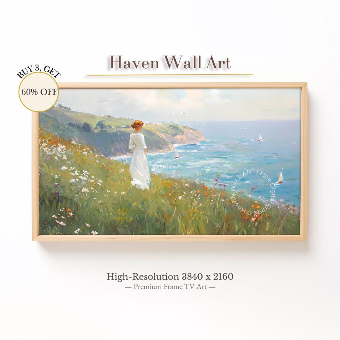 Lady By The Coast White Dress Flower Field Ocean View Art Poster