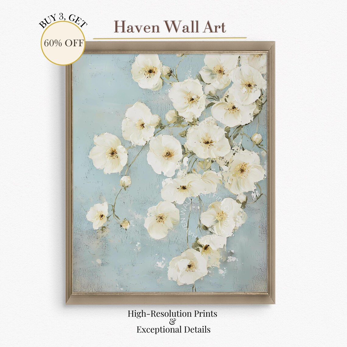 White Blossom Flowers on Soft Blue Vintage Floral Painting Poster