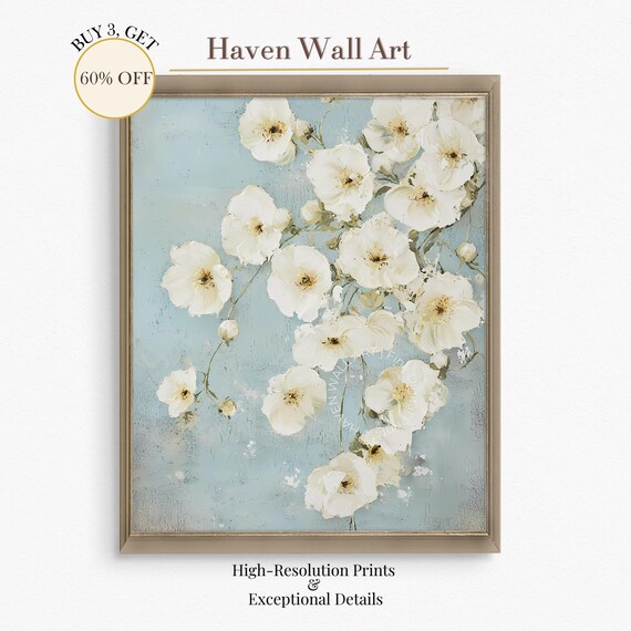 White Blossom Flowers on Soft Blue Vintage Floral Painting Poster
