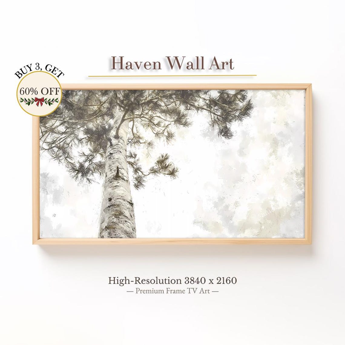 Birch Tree Trunk Looking Up with Pine Needles Airy White Art Poster