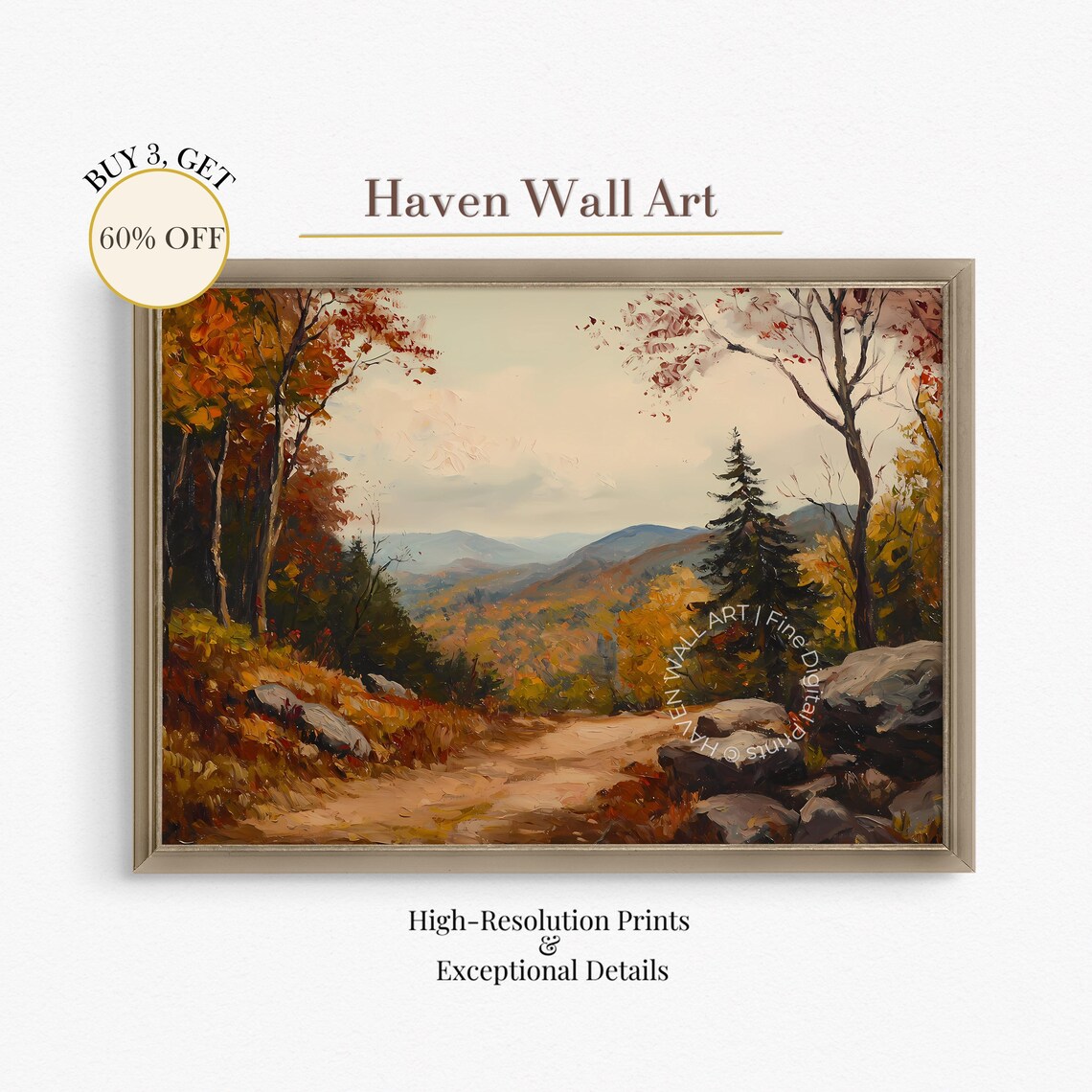 Golden Autumn Mountain Path Winding Forest Trail Landscape Wall Art