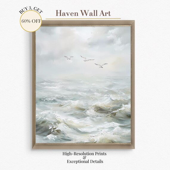 Seagulls Over Pale Ocean Waves Minimalist Soft Seascape Wall Art