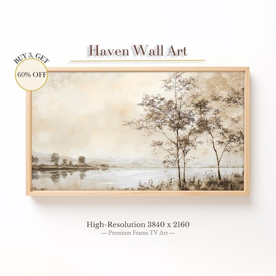Tranquil Lakeside Trees Beige Tonalist Calm Water Landscape Poster