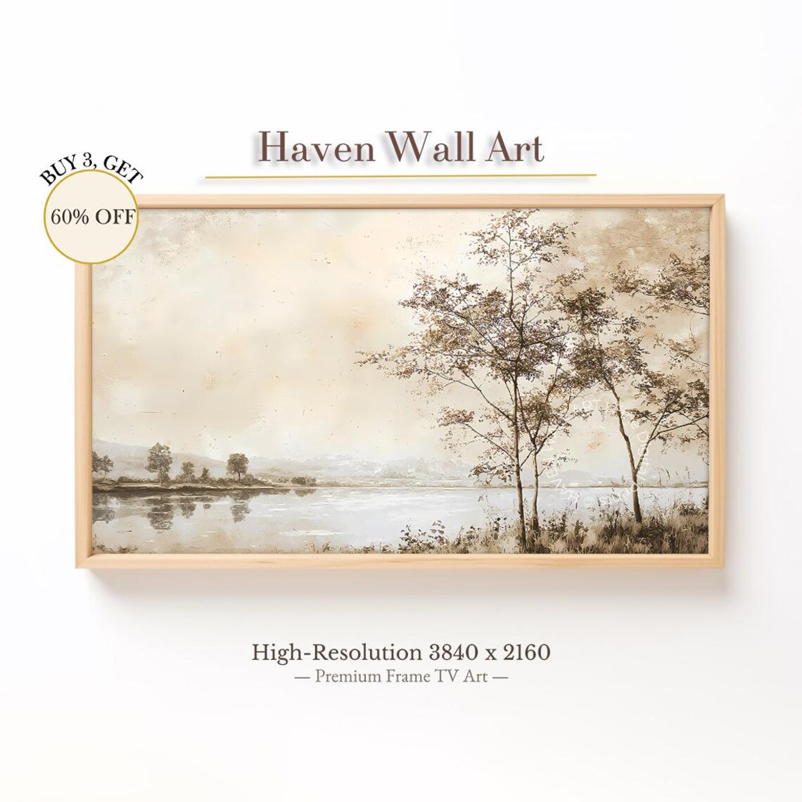 Tranquil Lakeside Trees Beige Tonalist Calm Water Landscape Poster