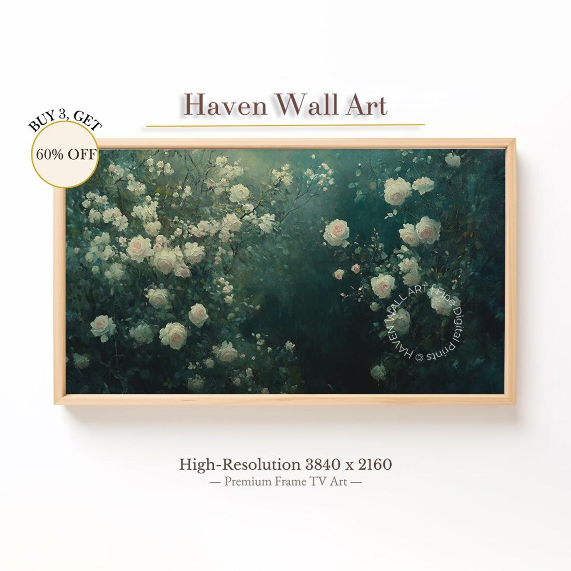 Dark Moody Rose Garden White Blush Roses Romantic Floral Wall Art
