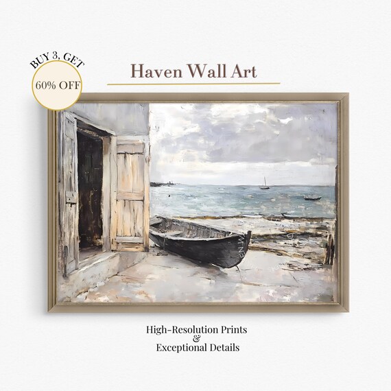 Old Wooden Boat by Weathered Door Moody Gray Coastal Scene Poster