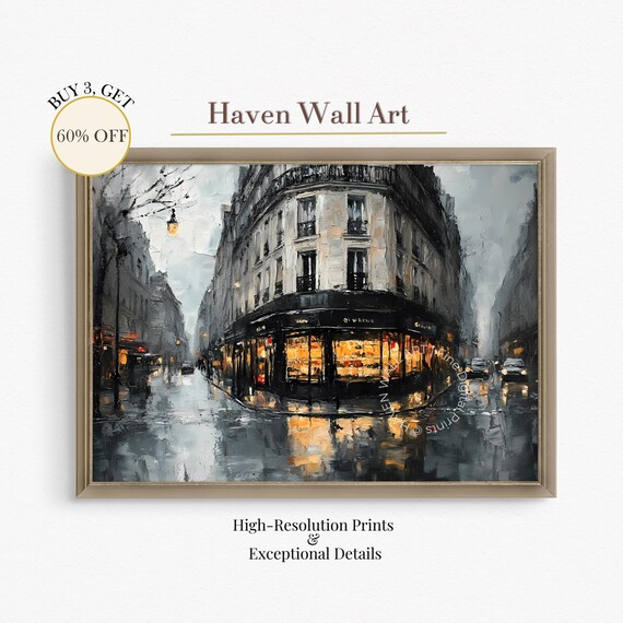 Rainy Paris Street Corner Cafe Night Lights Vintage City Poster