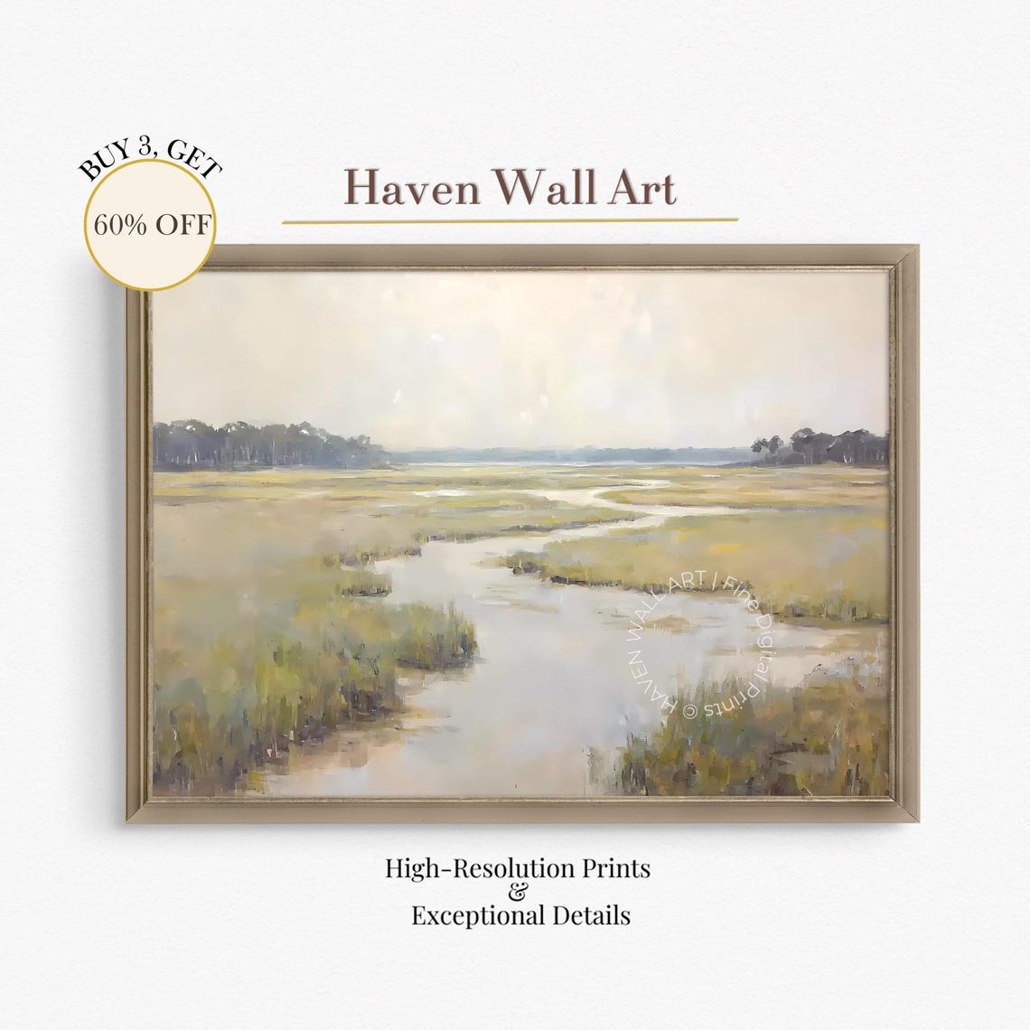 Serene Soft Green Coastal Marsh Estuary Calm Water Painting Poster