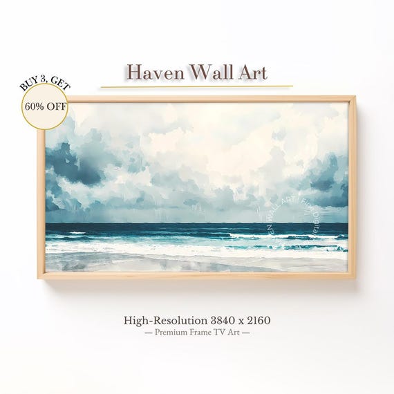 Moody Seascape Under Summer Sky Minimalist Ocean Scene Samsung Frame Tv Art Blue Coast Painting Tub100