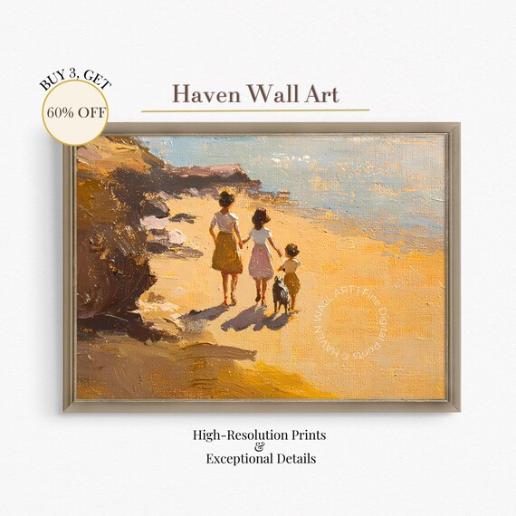 Golden Beach Family Stroll Mother Children Dog Summer Coastal Painting Poster