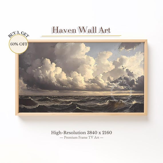 Dramatic Stormy Sea Cloudscape Moody Ocean Oil Painting For Samsung Frame Tv Vintage Maritime Summer Art Tub019
