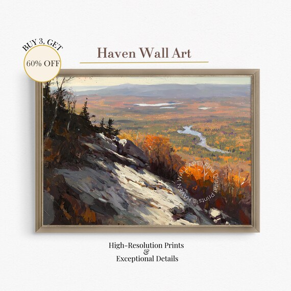 Autumn Valley Overlook Rocky Cliff River Oil Painting Wall Art