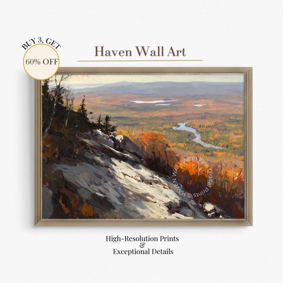 Overlook Autumn Valley Wall Art Vintage Mountain Cliff River Painting Moody Fall Forest Landscape Decor Pal067